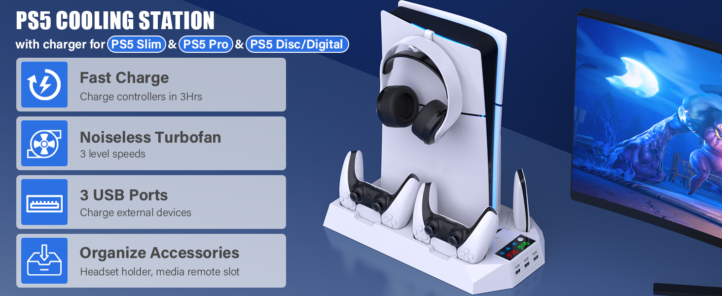 PS5 Slim Stand and Cooling Station with Dual Controller Charging Station for PlayStation 5 Console