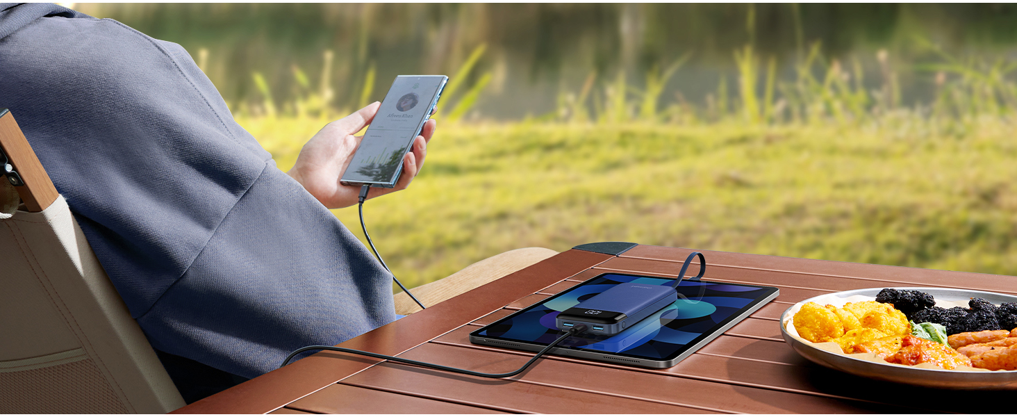 portable charger with built in cables blue