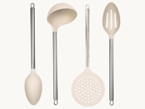 wheat straw stainless steel cooking spoons product images on cream background