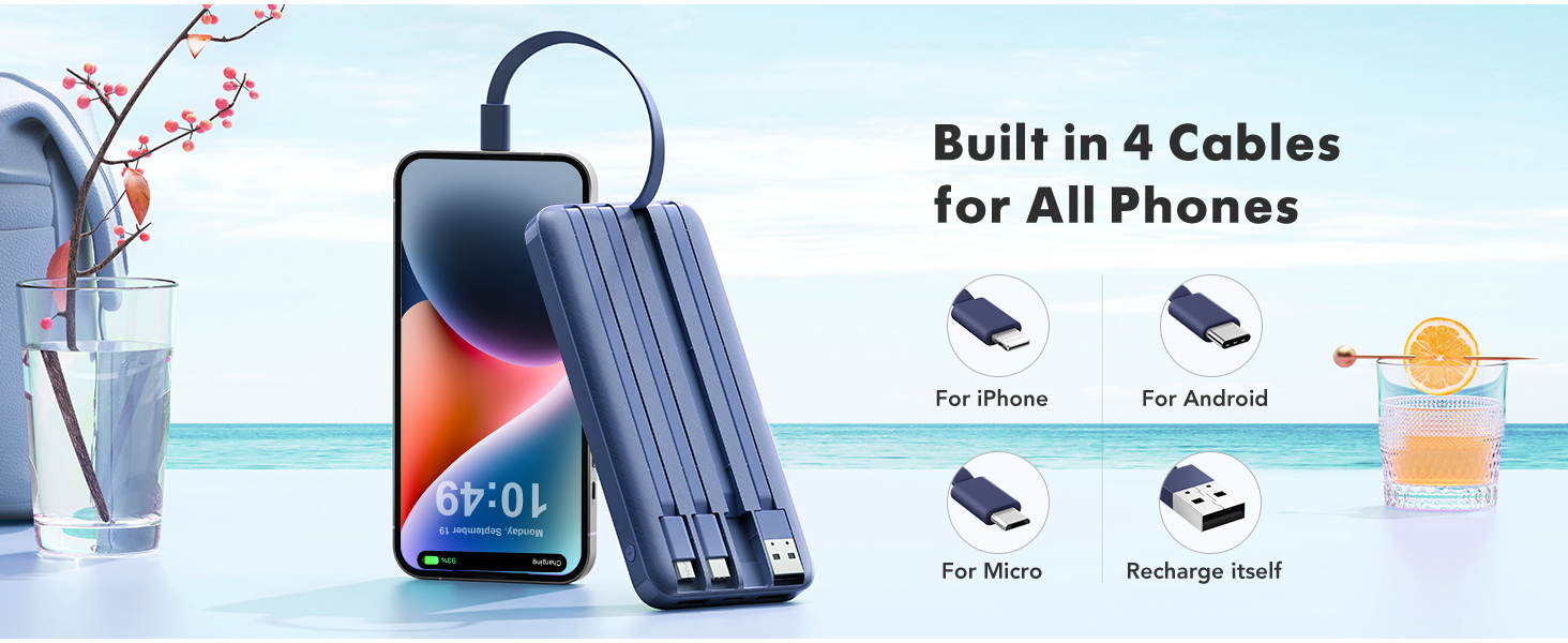 portable charger with built in cables Blue