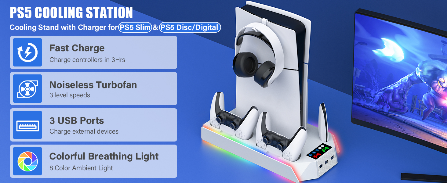 PS5 Slim Stand and Cooling Station with Dual Controller Charging Station for PlayStation 5 Console